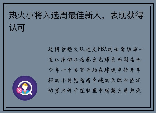 热火小将入选周最佳新人，表现获得认可