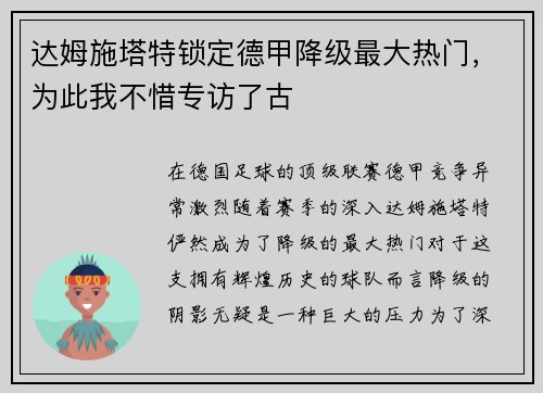 达姆施塔特锁定德甲降级最大热门，为此我不惜专访了古
