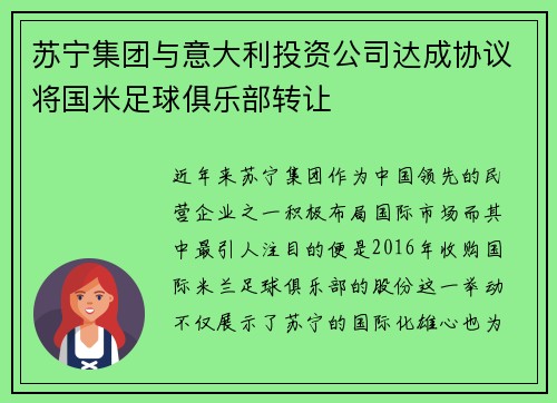 苏宁集团与意大利投资公司达成协议将国米足球俱乐部转让