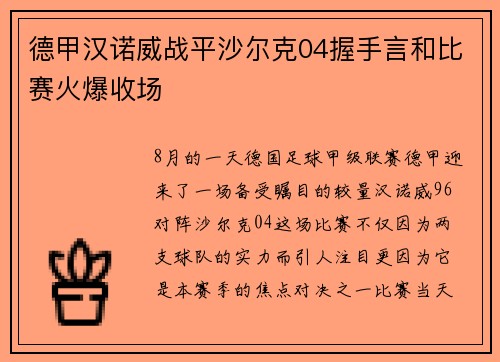 德甲汉诺威战平沙尔克04握手言和比赛火爆收场