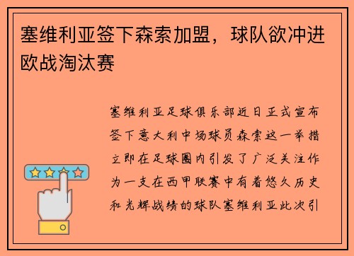 塞维利亚签下森索加盟，球队欲冲进欧战淘汰赛