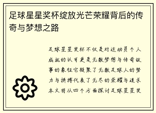 足球星星奖杯绽放光芒荣耀背后的传奇与梦想之路