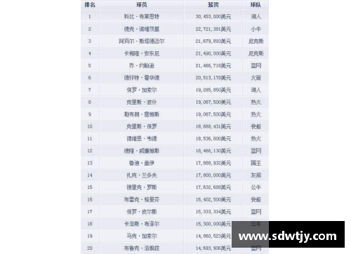 NBA球员薪金榜单：顶级巨星的年薪排名和财务影响
