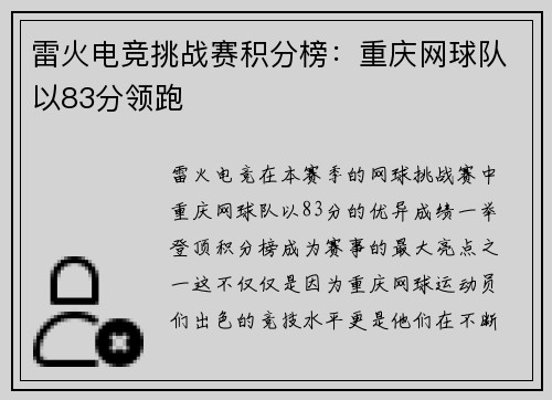 雷火电竞挑战赛积分榜：重庆网球队以83分领跑