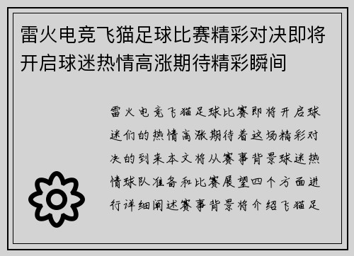 雷火电竞飞猫足球比赛精彩对决即将开启球迷热情高涨期待精彩瞬间