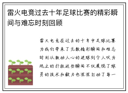 雷火电竞过去十年足球比赛的精彩瞬间与难忘时刻回顾