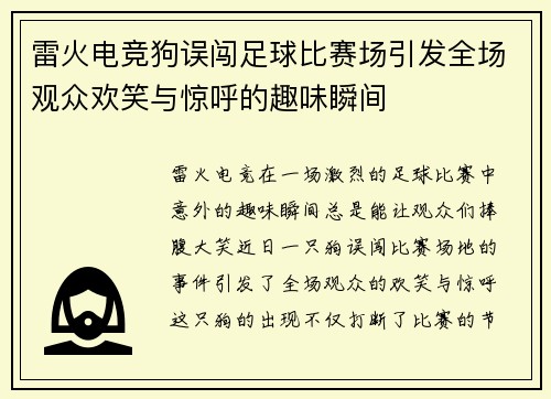 雷火电竞狗误闯足球比赛场引发全场观众欢笑与惊呼的趣味瞬间