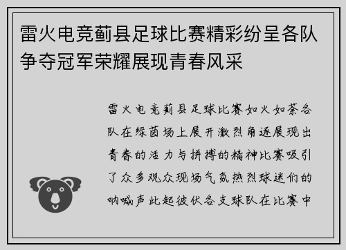 雷火电竞蓟县足球比赛精彩纷呈各队争夺冠军荣耀展现青春风采