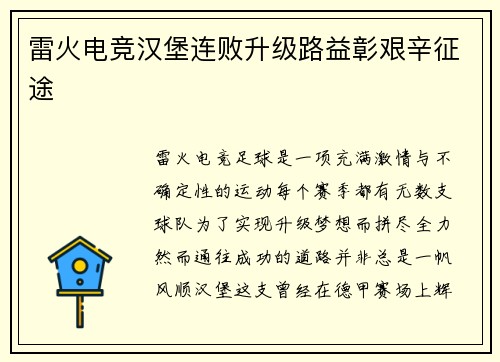 雷火电竞汉堡连败升级路益彰艰辛征途